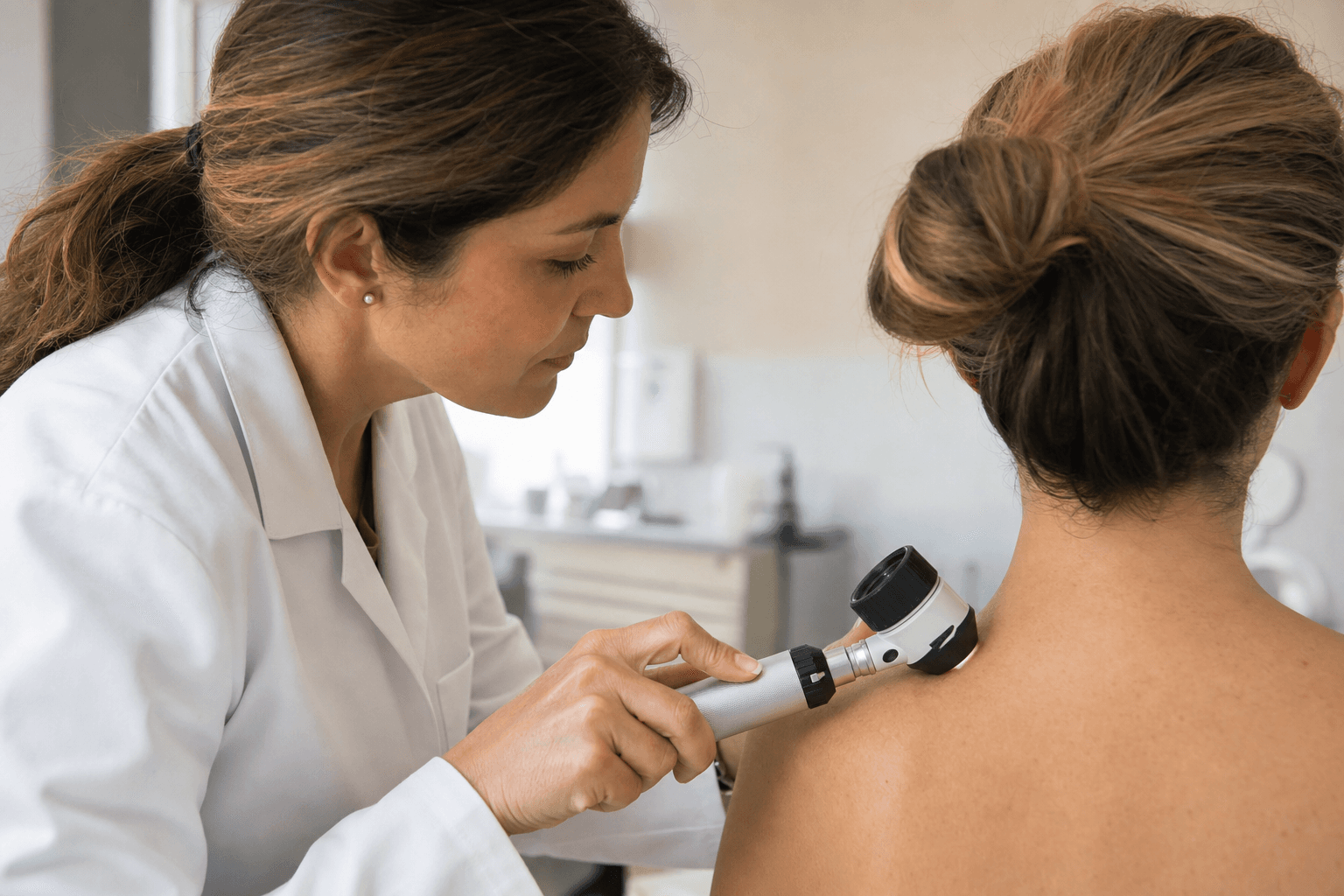 Dermatologist examining skin with a dermatoscope