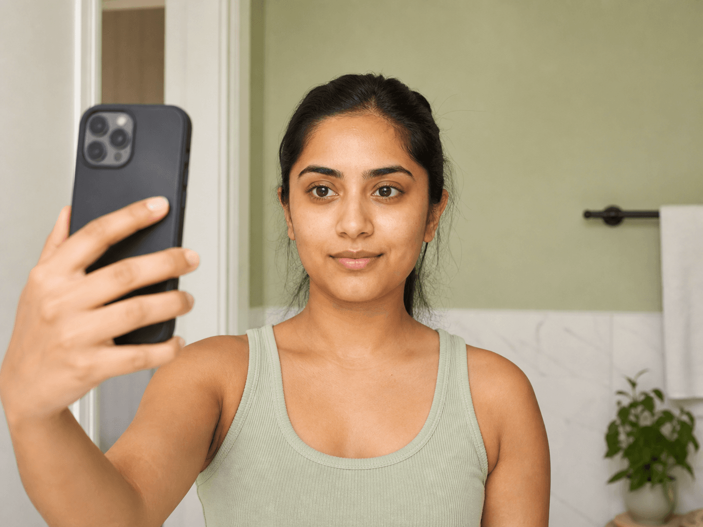 Woman taking a guided selfie at home